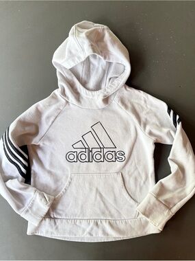 adidas Girls Fleece Pullover Hoodie White Black Logo Medium 10/12
